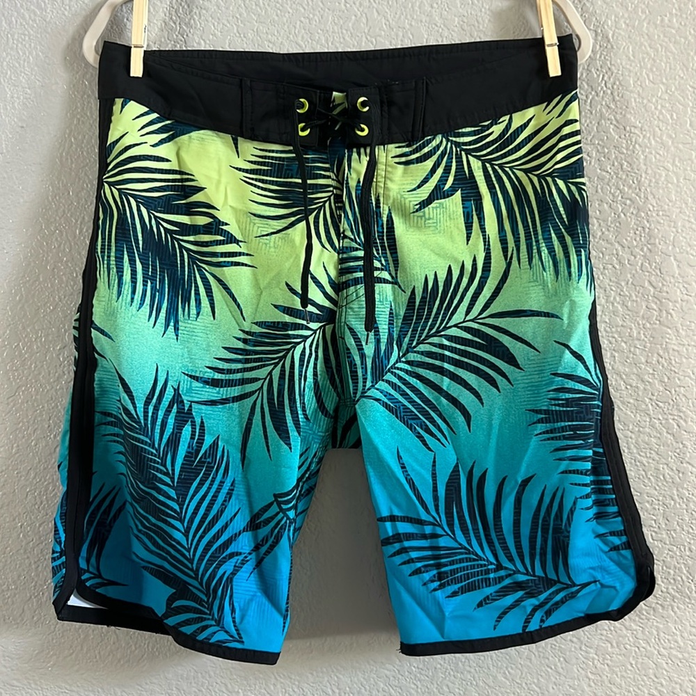 Burnside Men's Board Shorts Surf Swim Cyan Blue Casual Tropical Print Size 30